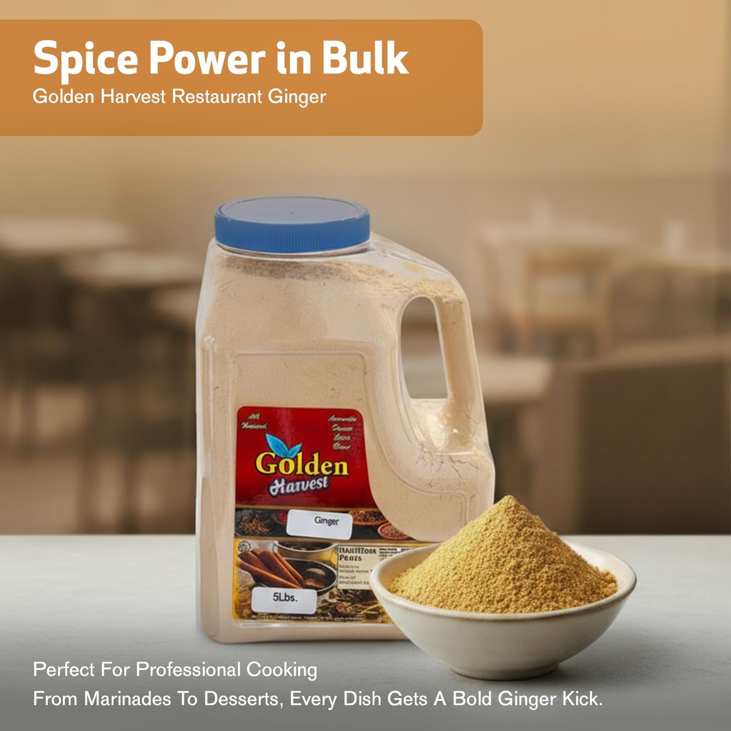 Golden Harvest Ginger Powder - 5 lbs (2.26kg) Bulk Pack - Premium All Natural Ground Ginger - Non-GMO, Gluten-Free & Halal - For Restaurants, Cooking