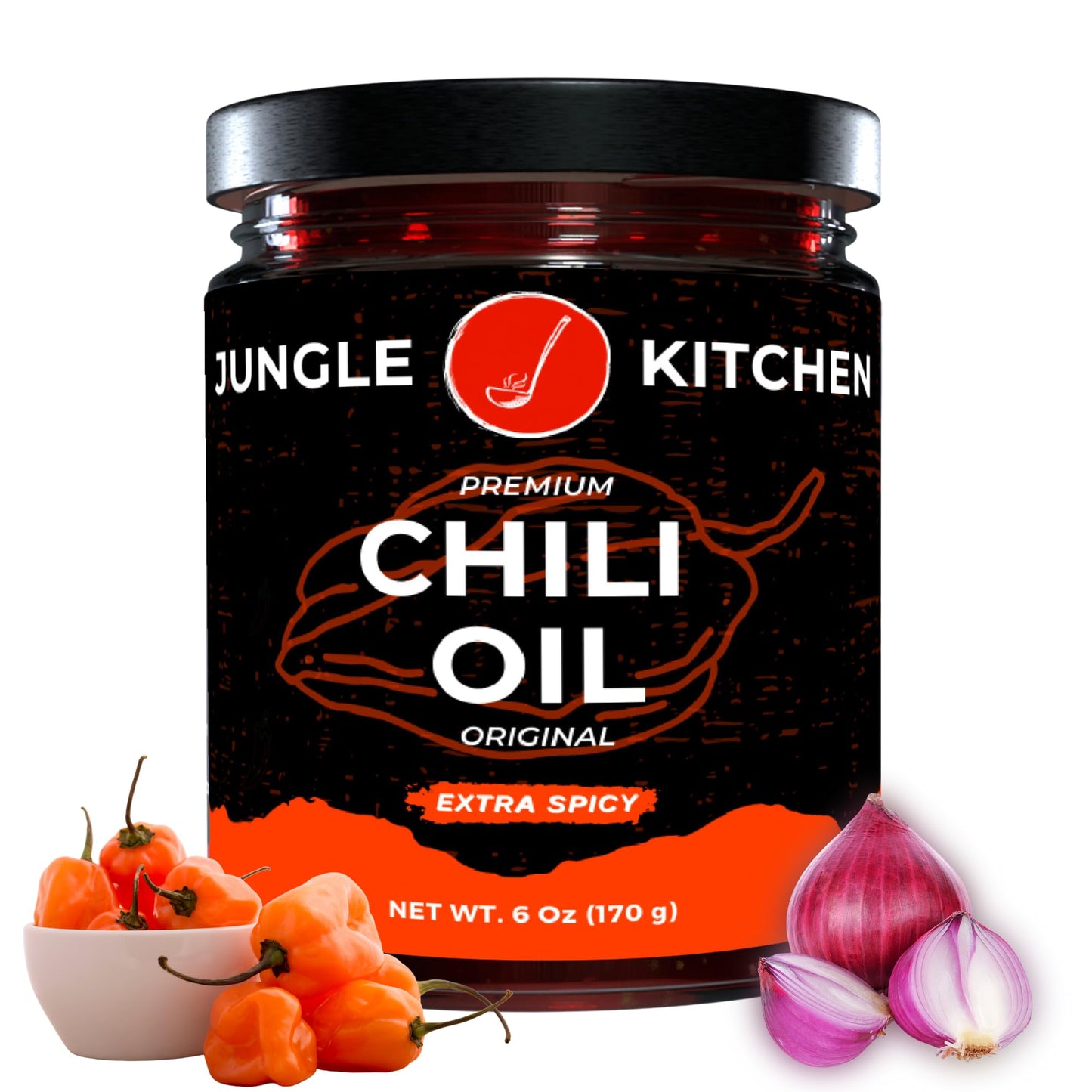 Jungle Kitchen Extra Spicy Crunchy Garlic Chili Oil Hot Chili Oil Vegan & Gluten-Free Great For Sauce & Toppings, 6oz