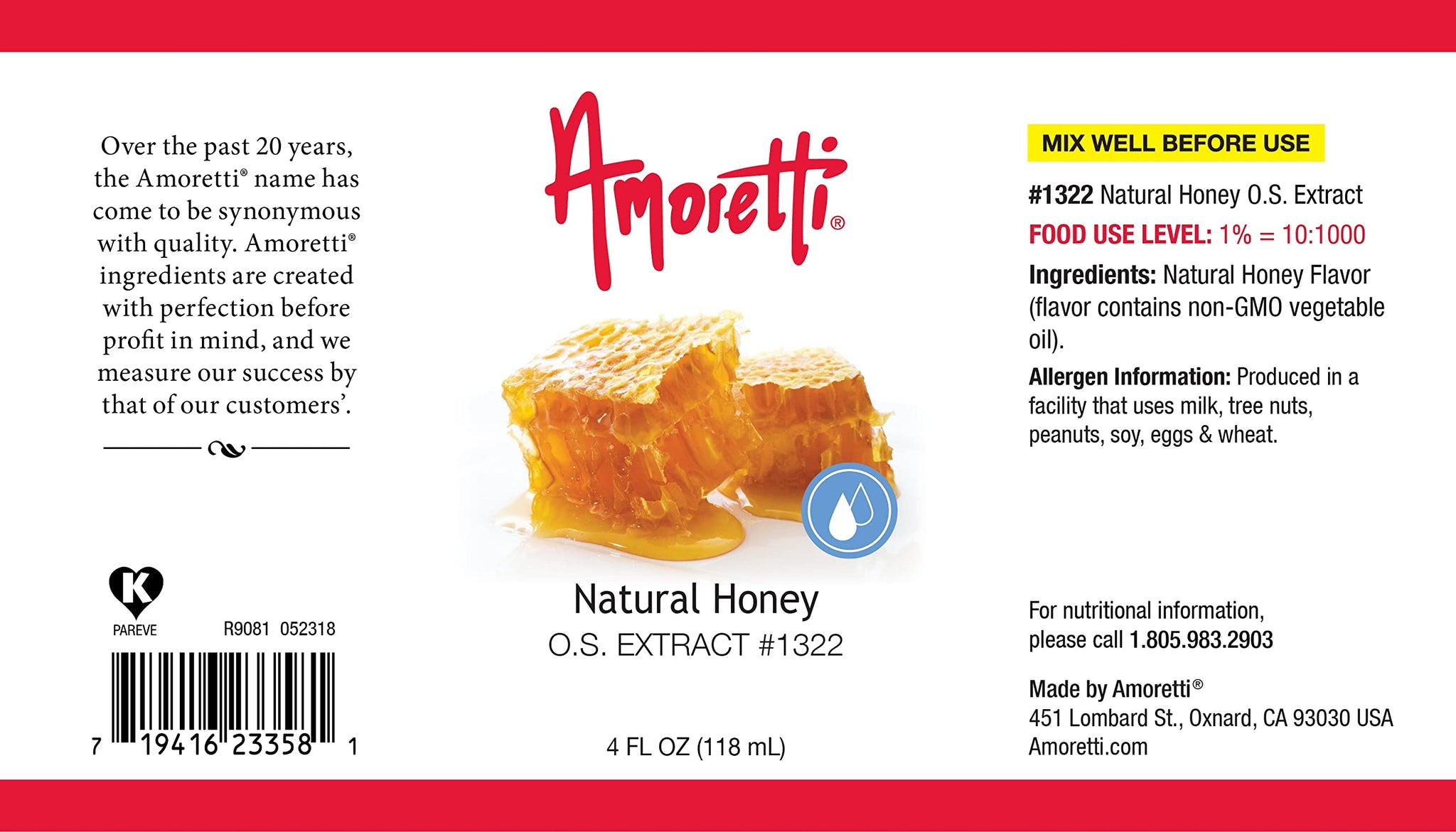 Amoretti - Natural Honey Extract Oil Soluble 2 oz - Highly Concentrated & Perfect For Pastry or Savory applications, Preservative Free, Vegan, Kosher
