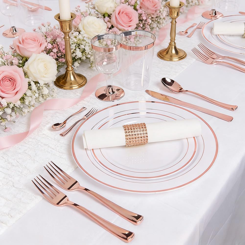 WDF-125PCS Rose Gold Plastic Silverware&Disposable Plastic Plates - Disposable Plates include 25 Dinner Plate,25 Salad Plate,25 Forks, 25 Knives, 25