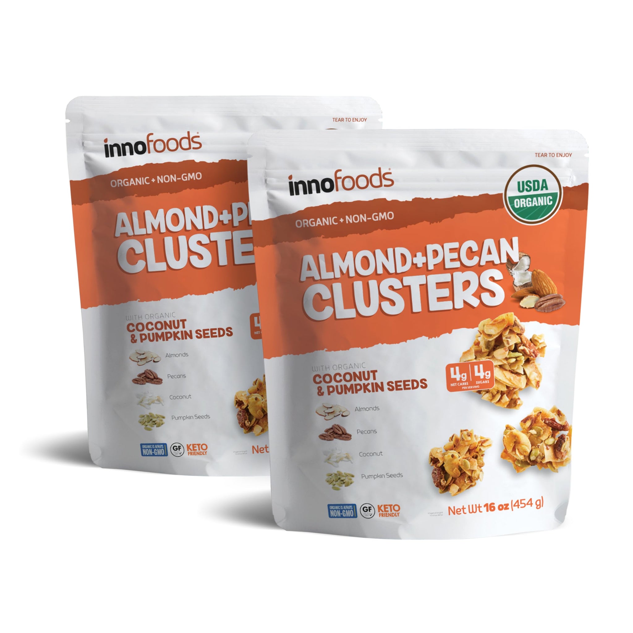 Inno Foods Organic Almond Pecan Clusters, Gluten Free, Keto Friendly, 2 Pack, 16 oz Each