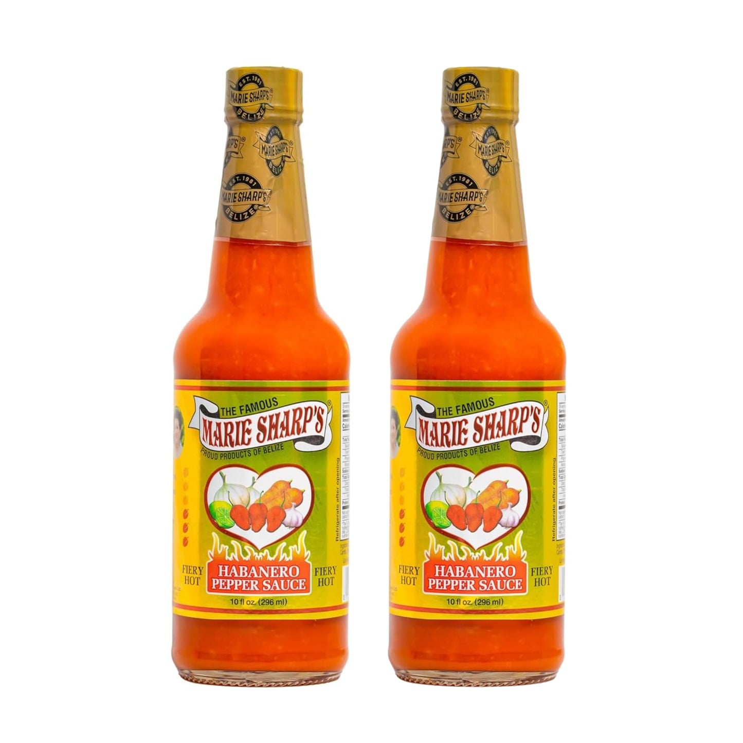 Marie Sharp’s Fiery Hot Habanero Pepper Sauce, 10 oz - Extra Hot Belizean Hot Sauce with Intense Heat & Flavor - All-Natural, Gluten-Free (Pack of 2)