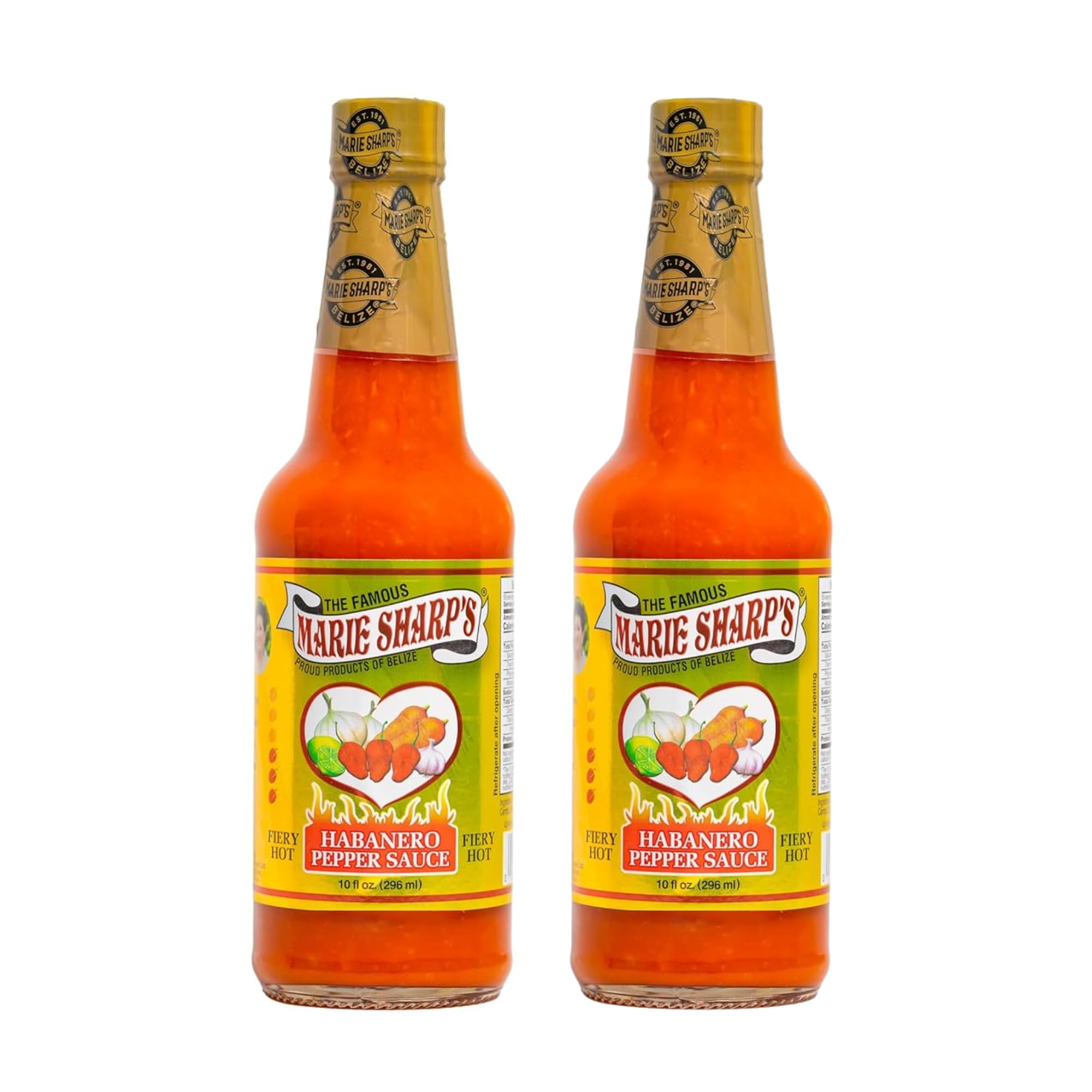 Marie Sharp’s Fiery Hot Habanero Pepper Sauce, 10 oz - Extra Hot Belizean Hot Sauce with Intense Heat & Flavor - All-Natural, Gluten-Free (Pack of 2)