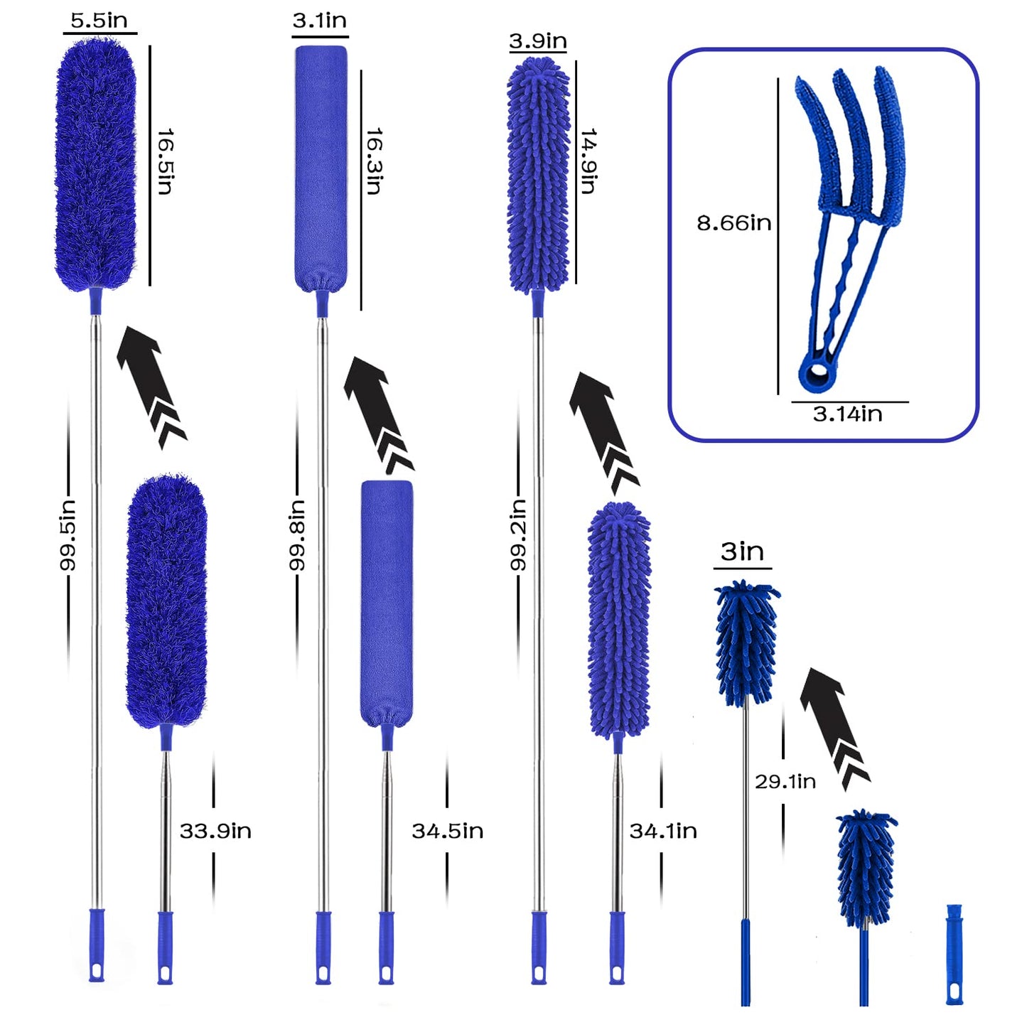Buysenton Microfiber Duster, 8PCS Feather Duster with 100 Inch Telescoping Extension Pole, Reusable Bendable Dusters, Washable Lightweight Dusters