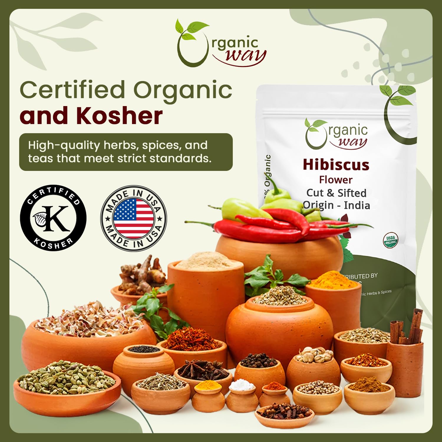 Organic Way Dried Hibiscus Flower Cut & Sifted (Hibiscus rosa-sinensis) | Herbal Tea - Organic & Kosher Certified | Raw, Vegan, Non GMO & Gluten Free