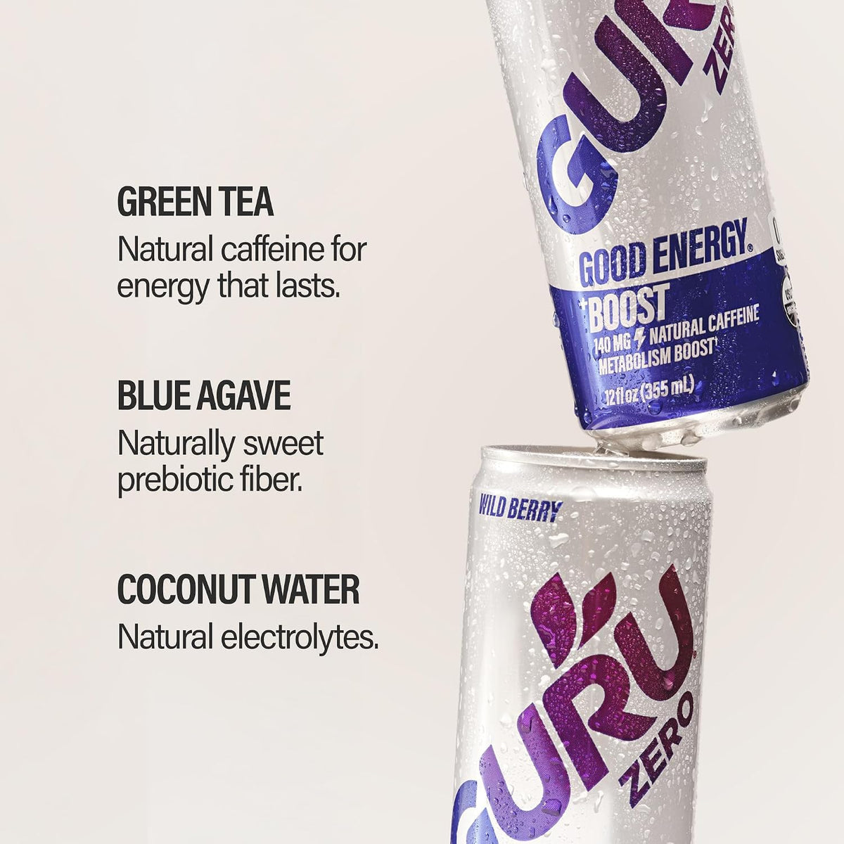 GURU Zero Sugar Organic Energy Drink, Wild Berry, 12 Fl Oz, 12 Pack