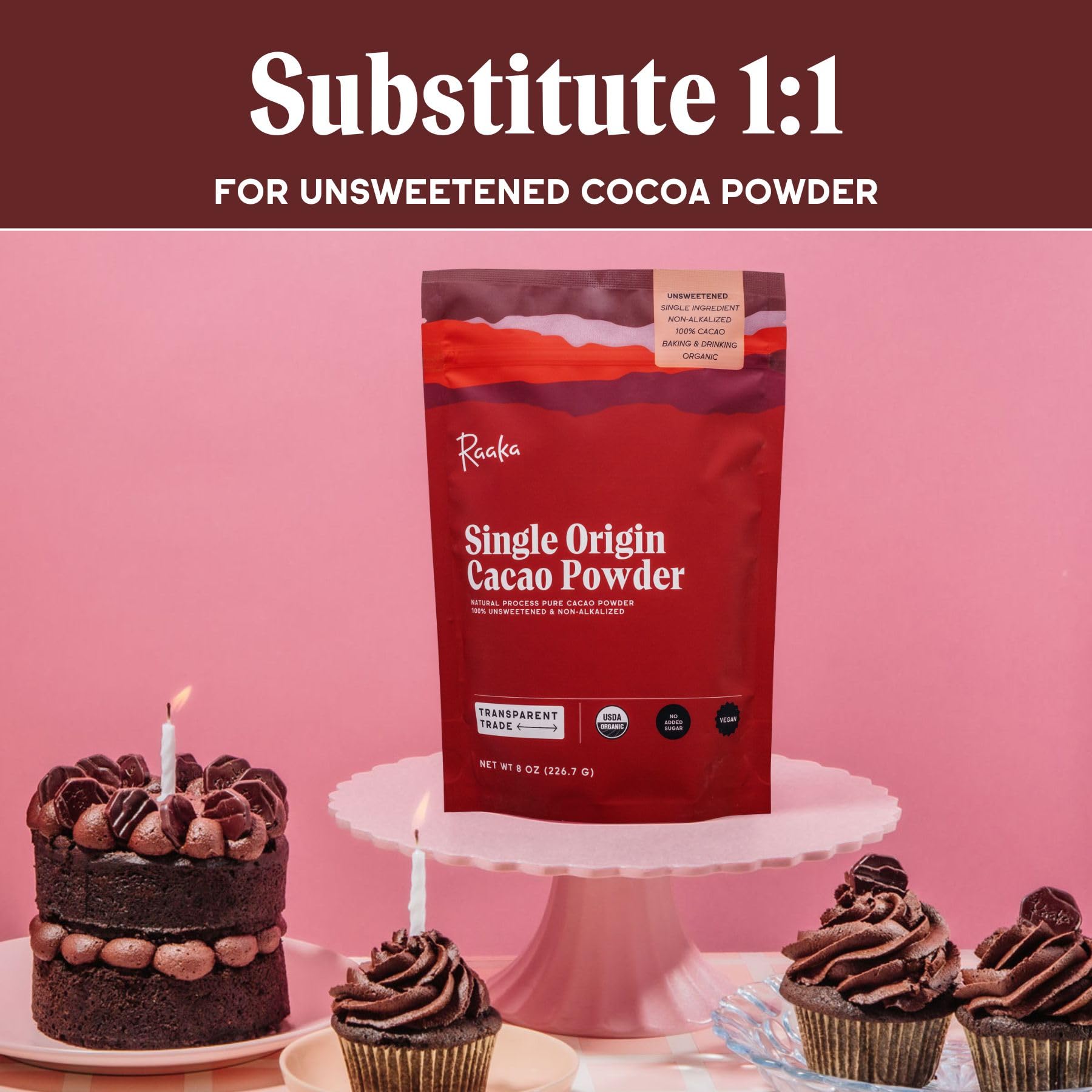 Raaka Chocolate Organic Cacao Powder - Unsweetened, Non-Alkalized, Perfect for Baking, Substitute for Cocoa Powder - Gluten-Free, Soy-Free, Sugar-Free, Allergen-Friendly - 8oz Resealable Bag