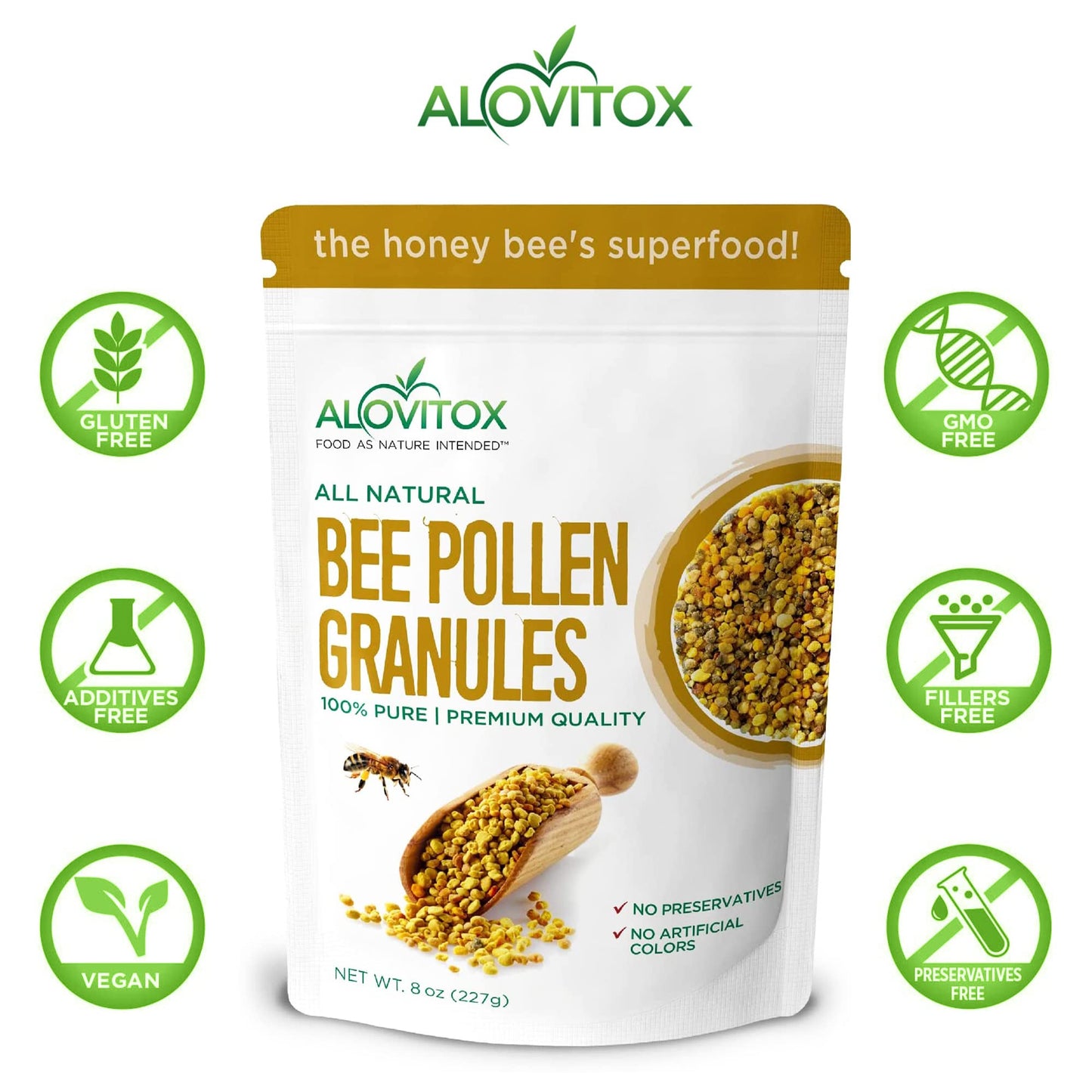 Alovitox Bee Pollen Granules 8 Oz | 100% Pure, Organic Bee Pollen for Bearded Dragons | Superfood Packed Bee Pollen Organic with Antioxidant, Protein