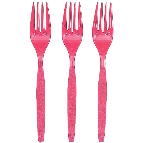 Fun Express - Hot Pink Plastic Forks (50 Pc) - Party Supplies - Solid Tableware - Cutlery - 50 Pieces