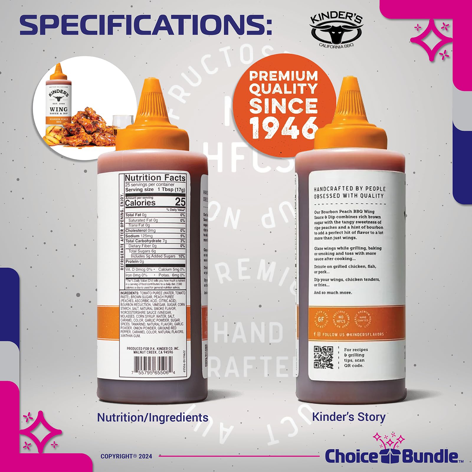 Kinder’s Bourbon Peach BBQ Wing Sauce & Dip 4 Pk (62 oz) Great to Dip Toss Glaze & More + Barbecue Masters & Bottle Opener (6 Items)!