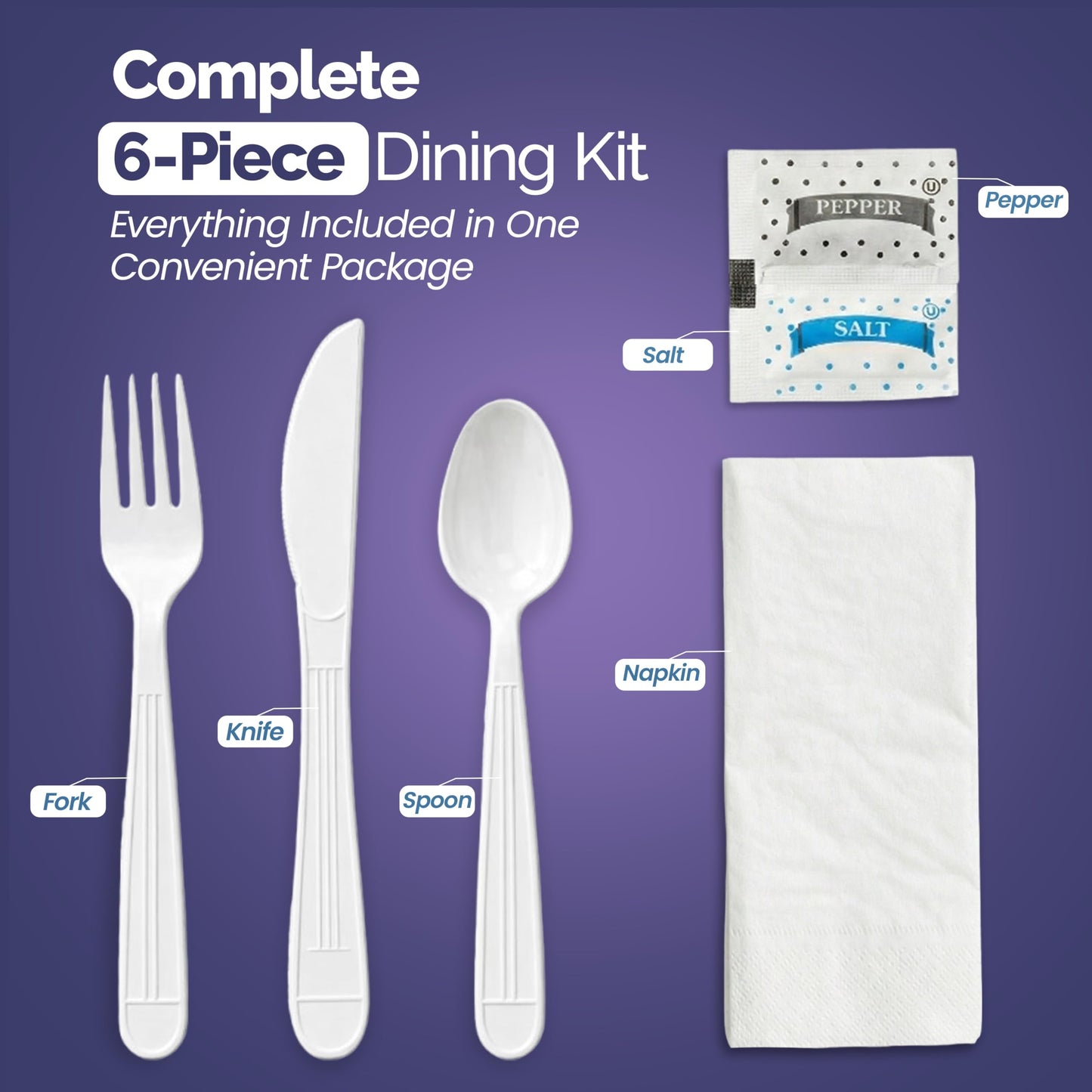 White Disposable Cutlery Set with Fork, Knife, Spoon, Napkin & Salt & Pepper - Medium-Weight Plastic Cutlery for Reliable Dining- Disposable Cutlery