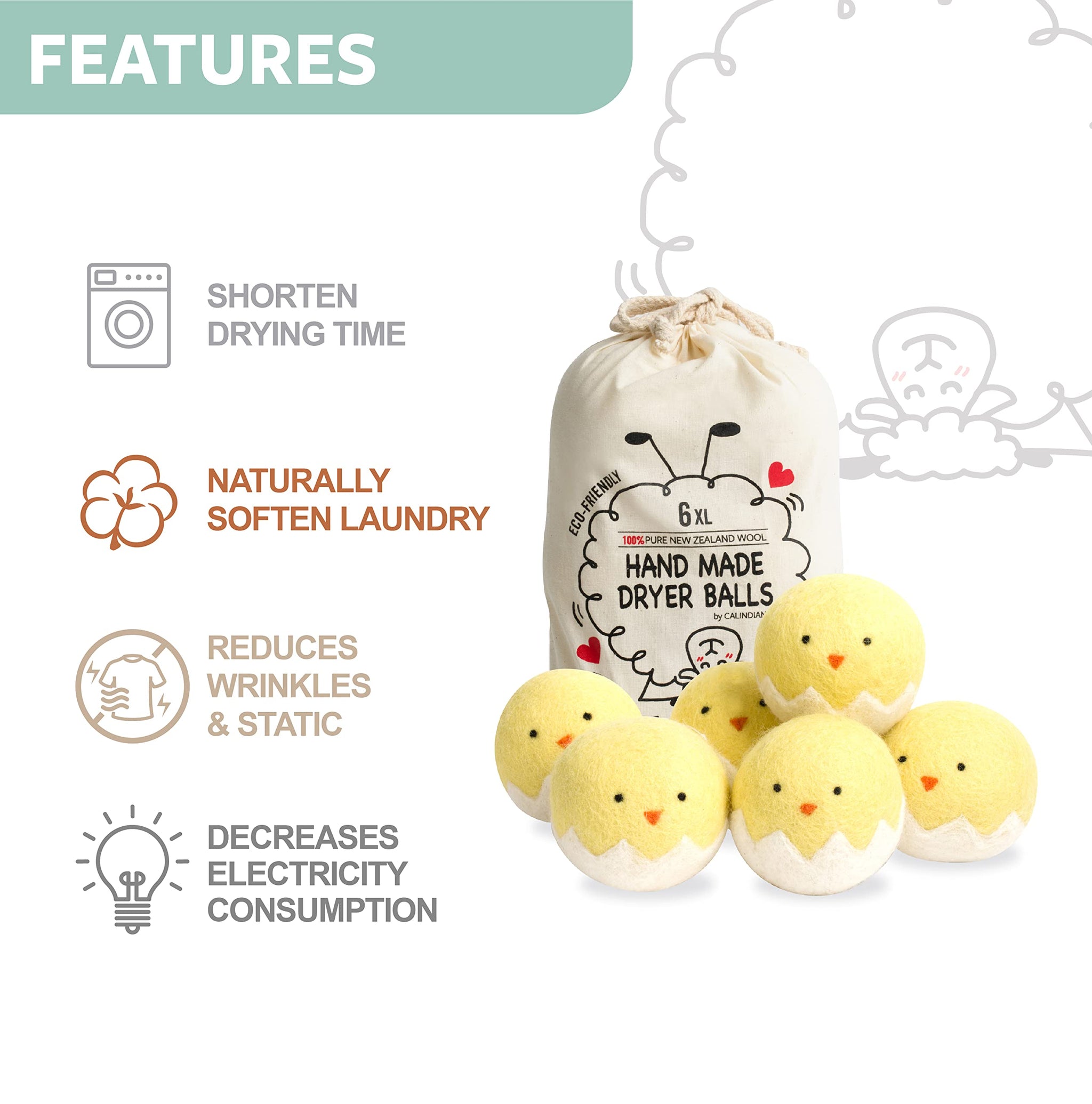 Calindiana 100% Organic Premium New Zealand Wool Dryer Balls Laundry Reusable Fabric Softener, Cute Dryer Sheets Alternative, Anti Static XL Size 6