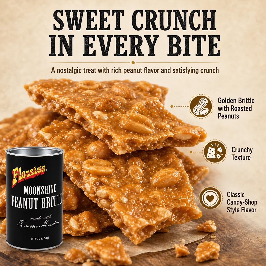 Flossie's Tennessee Moonshine Classic Peanut Brittle, Handmade Crunchy Candied Peanuts w/Touch of Southern Nostalgia, Authentic Recipe, 12 oz Can