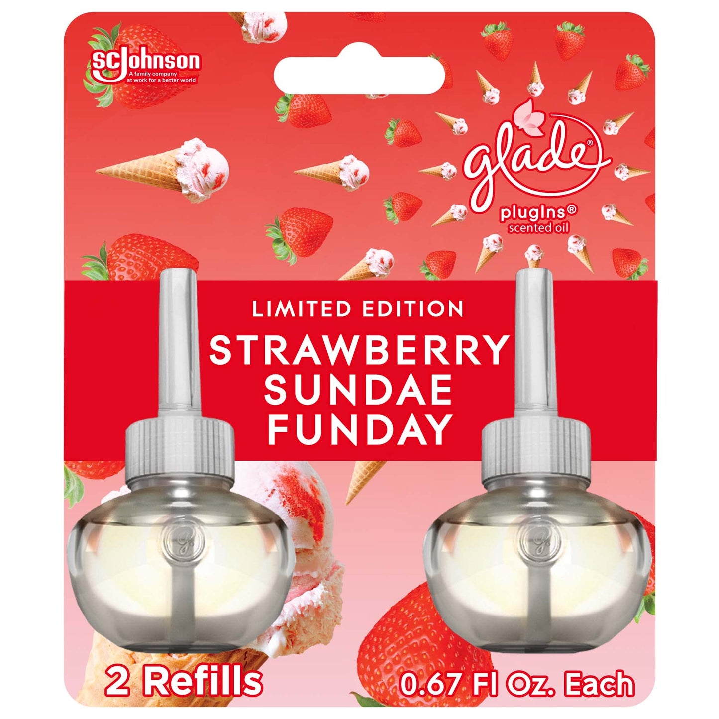 Glade PlugIns Refills Air Freshener, Scented and Essential Oils for Home and Bathroom, Strawberry Sundae Funday, 1.34 Oz, 2 Count