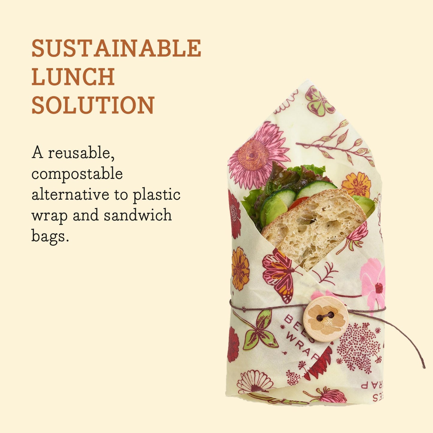 Bee's Wrap Vegan Beeswax Sandwich Wrap - Beeswax Lunch Wrap with Button & Tie - Plastic Free Made in USA Reusable Natural Food Wrap - Meadow Magic