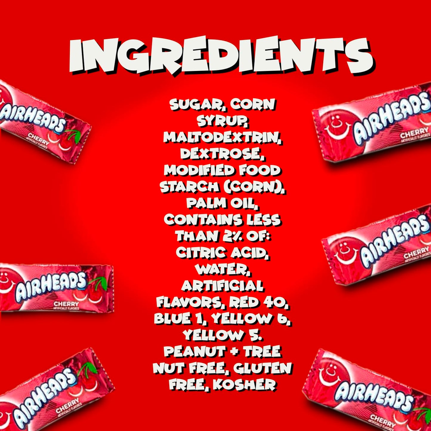 Airheads Candy Mini Bars, Cherry Flavor, 80 Pieces Bulk Bag, Individually Wrapped Non-Melting Chewy Fruit Taffy, Gluten Free, Perfect for Birthdays