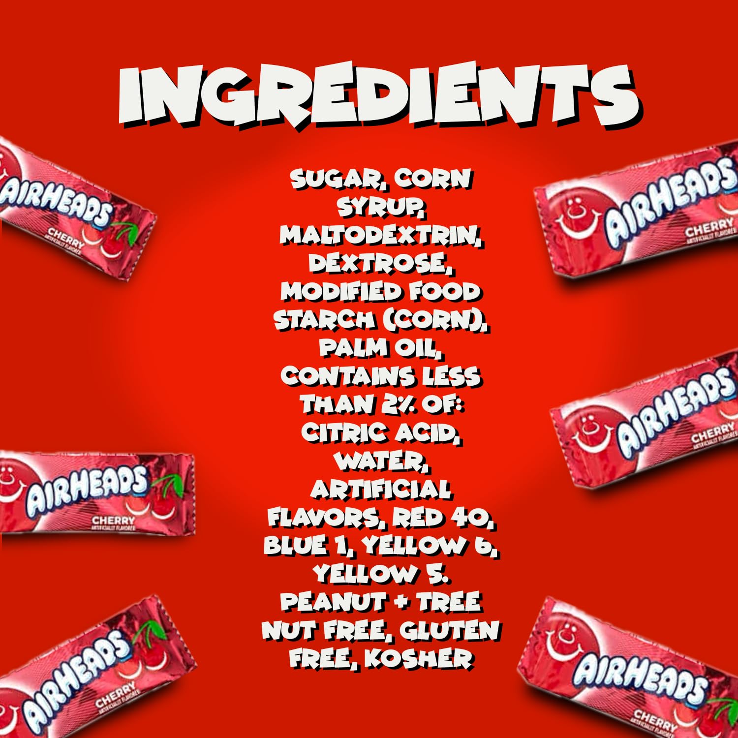 Airheads Candy Mini Bars, Cherry Flavor, 80 Pieces Bulk Bag, Individually Wrapped Non-Melting Chewy Fruit Taffy, Gluten Free, Perfect for Birthdays