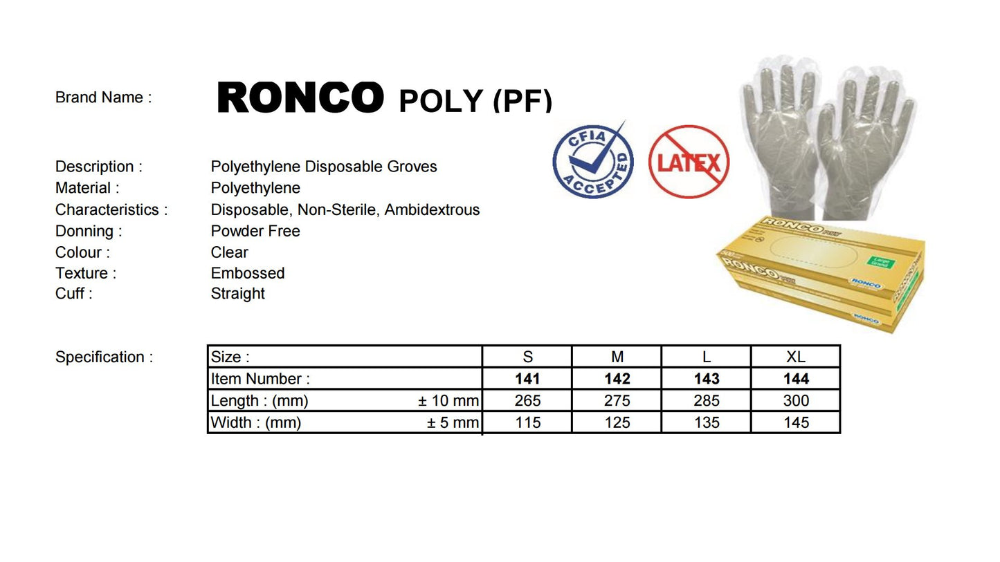 Ronco Polyethylene Poly/Deli Disposable Gloves, Latex Free & Powder Free, CIFA Accepted (Medium)