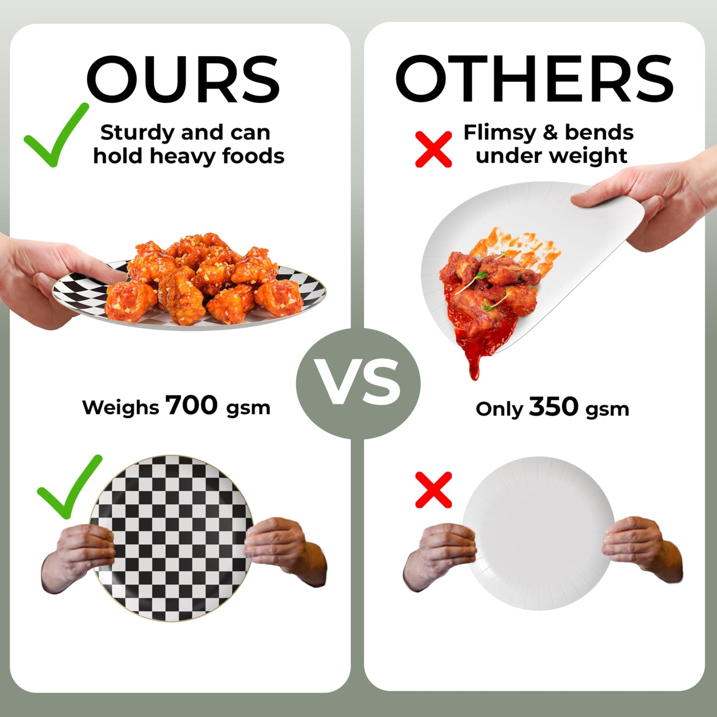 Trendables Heavy Duty Paper Plates Bulk 40 Pcs Disposable Party Plates - 20 X 8 Inch Dessert Plate & 20 X 10 Inch Paper Plate Checkered decor, black