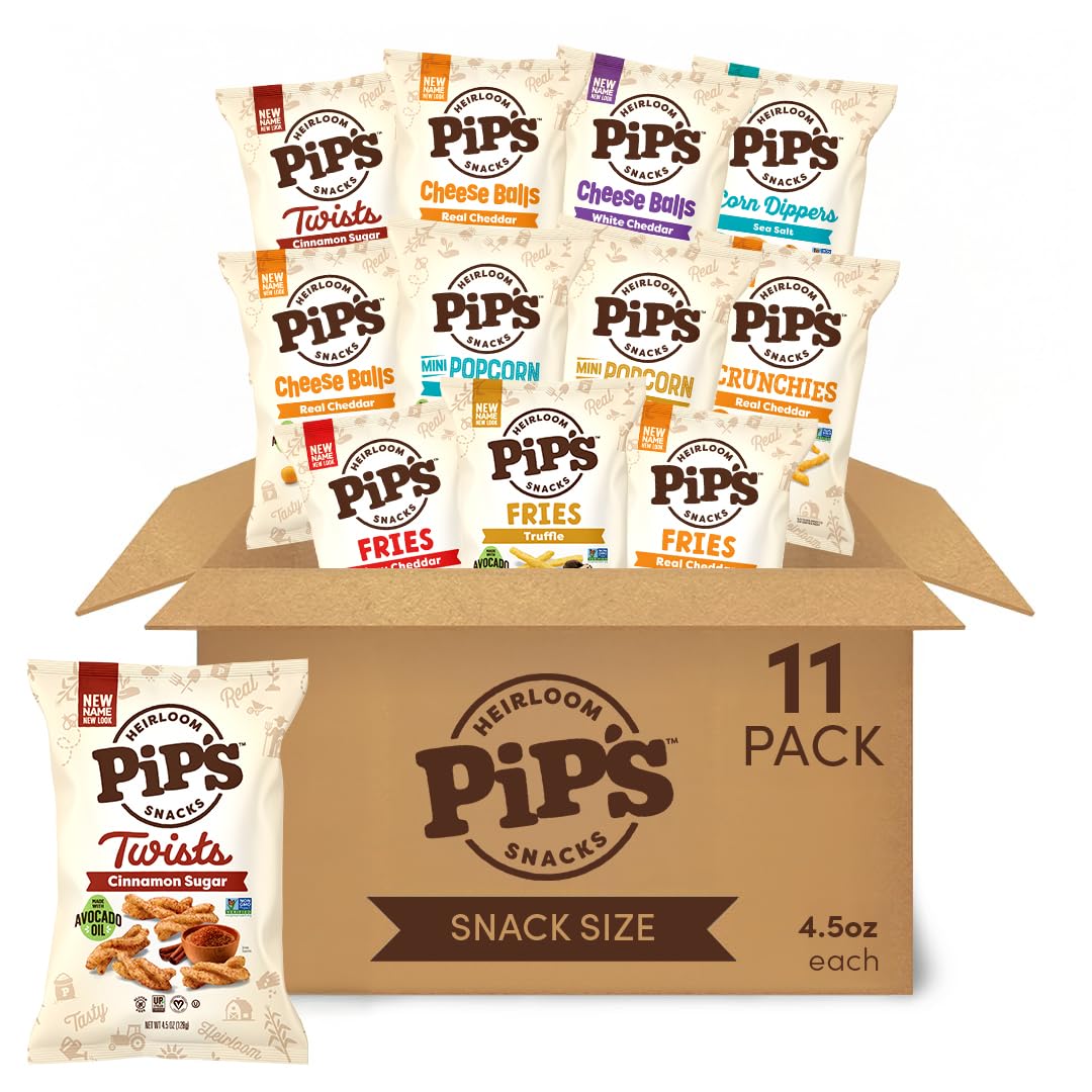 Pip’s Heirloom Snacks Shark Tank Sampler - Variety Pack (11 ct) - Individually Wrapped Whole Grain Snack Packs Made With Heirloom Corn & Avocado Oil