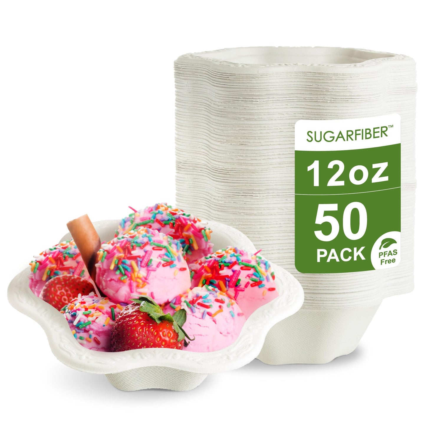 [50 COUNT]12oz Compostable Floral White Paper Bowls, Scalloped Party Bowls, Eco Friendly Plastic-Free ice cream Bowl, Acanthus Natural Sugarcane