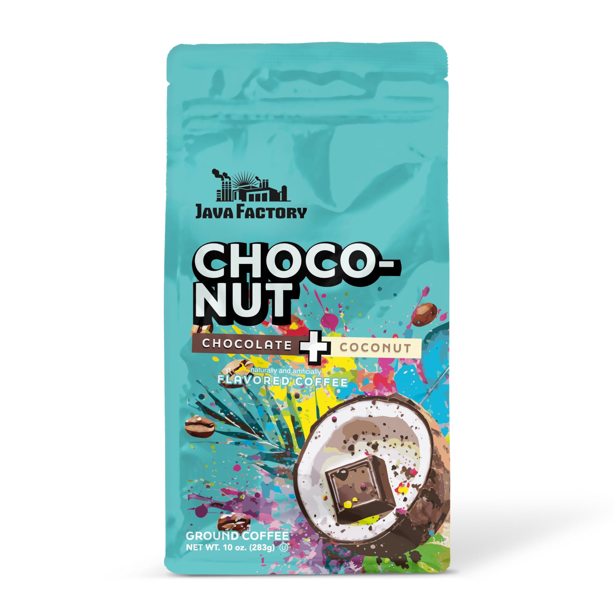 Java Factory Choconut Flavored Ground Coffee Bag - Chocolate and Coconut Brew, Made with 100% Arabica Beans - Flavor Enhanced, 10 Oz