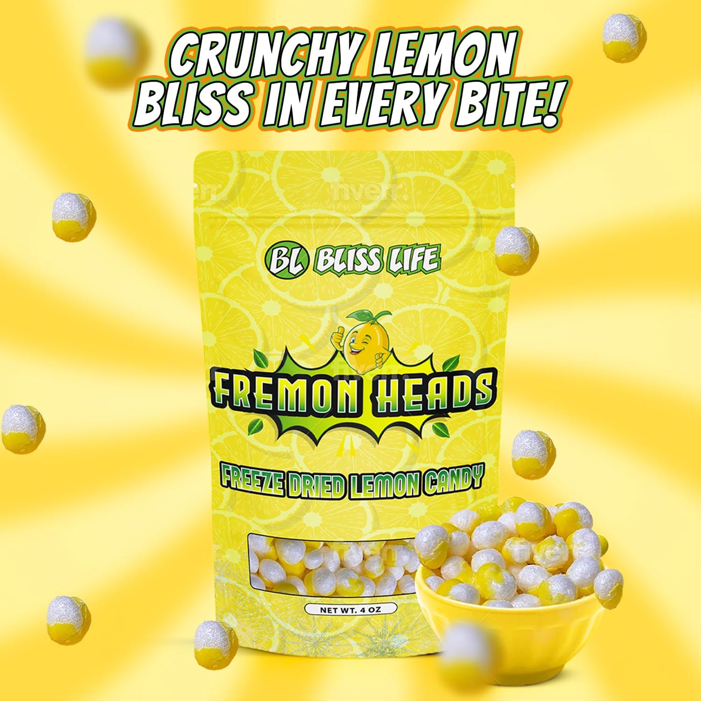 Fremon Heads Freeze Dried Lemon Fruit Candy from TikTok, ASMR Crunchy Candy, Sweet and Sour Kids Snacks, Unique Novelty Snack for Kids 4OZ