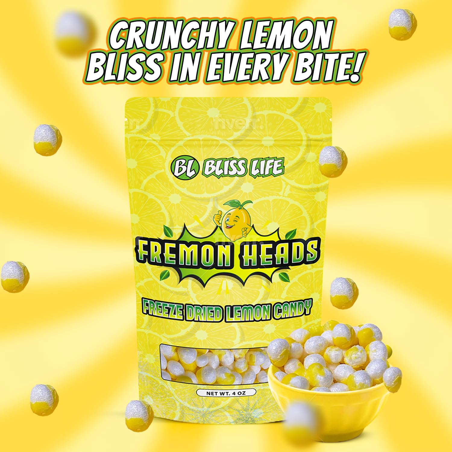Fremon Heads Freeze Dried Lemon Fruit Candy from TikTok, ASMR Crunchy Candy, Sweet and Sour Kids Snacks, Unique Novelty Snack for Kids 4OZ