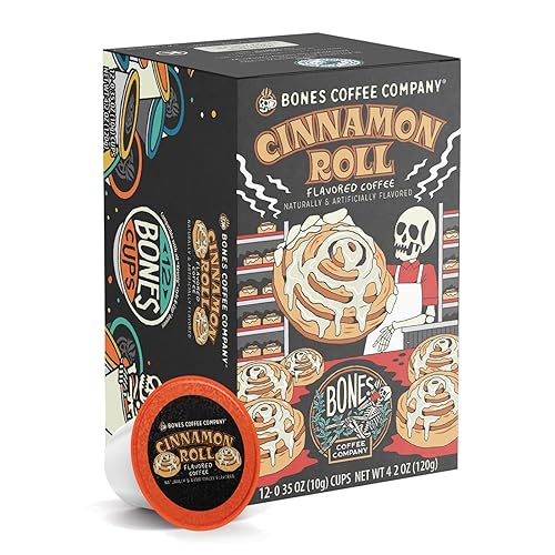 Bones Coffee Company Cinnamon Roll Flavored Coffee Pods, Low Acid Medium Roast Single-Serve Bones Cups, Compatible with 1.0 & 2.0 K-Cups Brewers