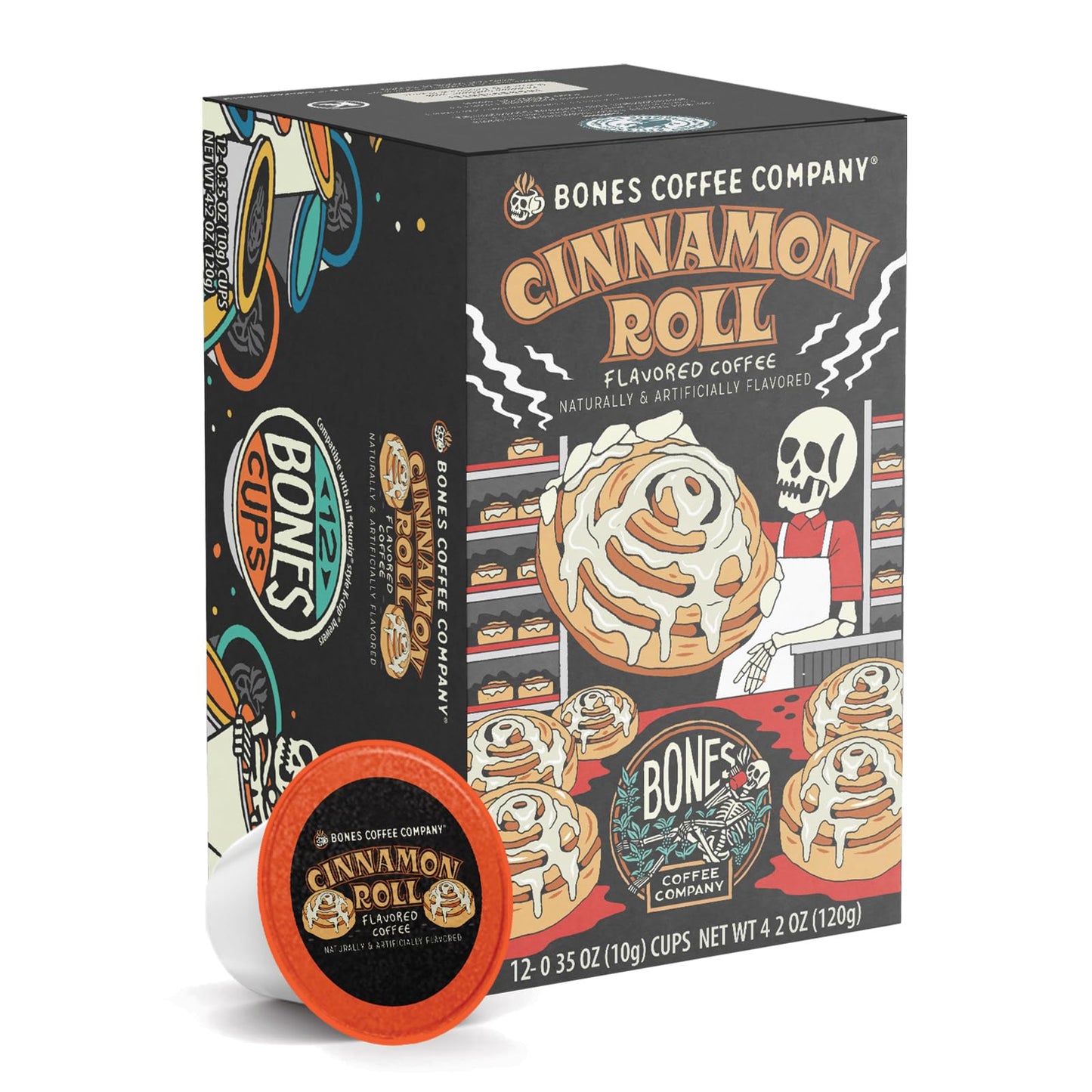Bones Coffee Company Cinnamon Roll Flavored Coffee Pods, Low Acid Medium Roast Single-Serve Bones Cups, Compatible with 1.0 & 2.0 K-Cups Brewers