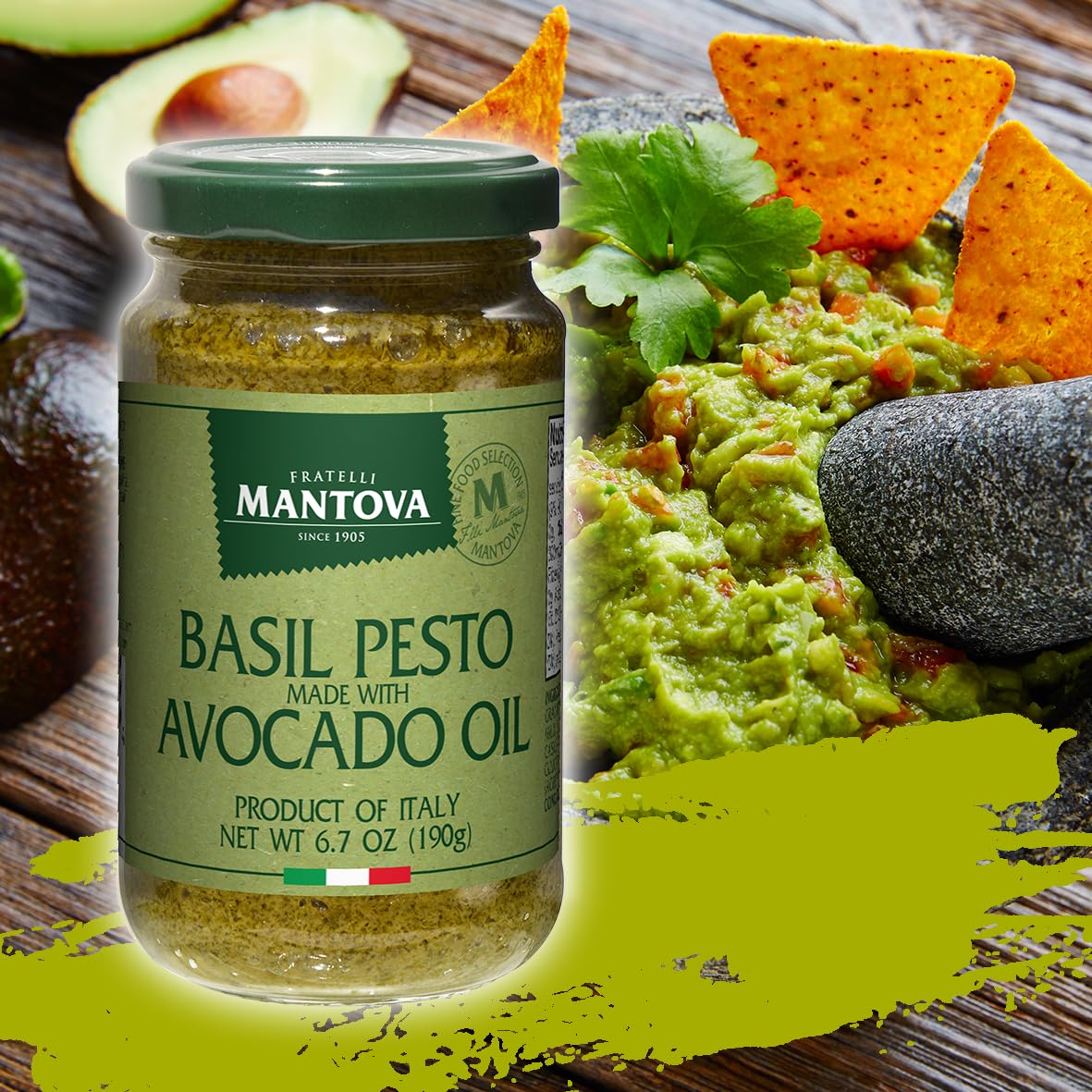Mantova Basil Pesto with Avocado Oil, 6.7 oz (Pack of 1), combines fresh basil pesto with the velvety richness of avocado oil for a smooth, buttery