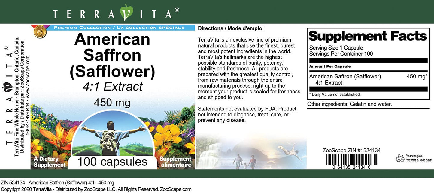 American Saffron (Safflower) 4:1-450 mg (100 Capsules, ZIN: 524134)