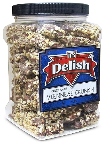 Gourmet Viennese Crunch by Its Delish - 2 LBS Jumbo Reusable Container (32 Oz Jar) - Premium Dark Chocolate Coated With Chopped Nuts Hard Candy Bulk