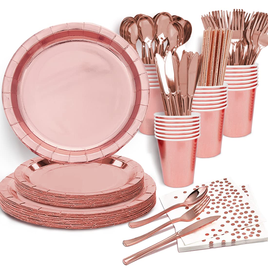 Rose Gold Birthday Party Favors for Women Rose Gold Plates and Napkins Party Supplies,Disposable Paper Plates and Cups Set for First Day