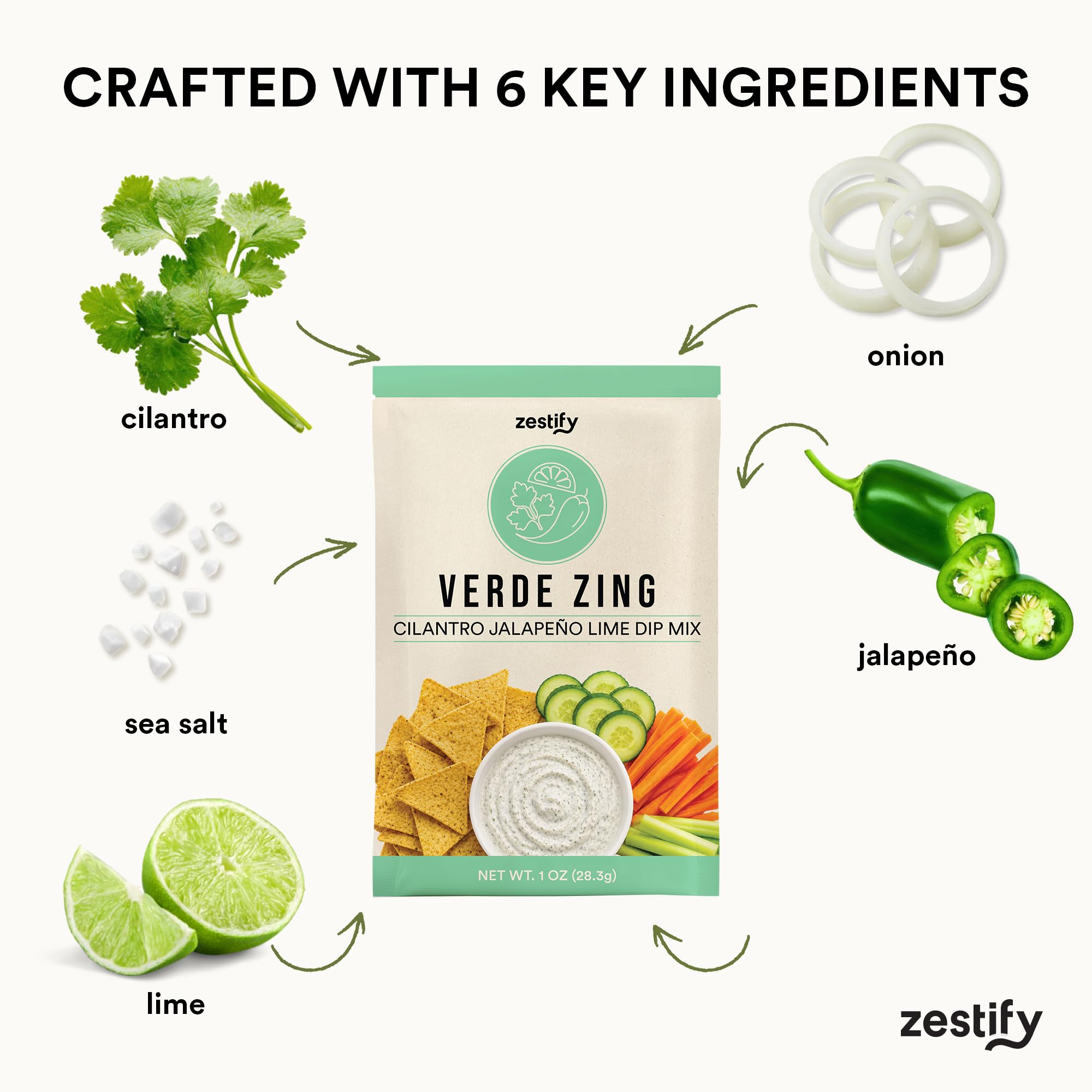 Zestify Verde Zing - Cilantro Jalapeno Lime Dip and Seasoning Mix | No Articial Ingredients, Anti-Caking Agents or Fillers (4x 1 oz seasoning packets)