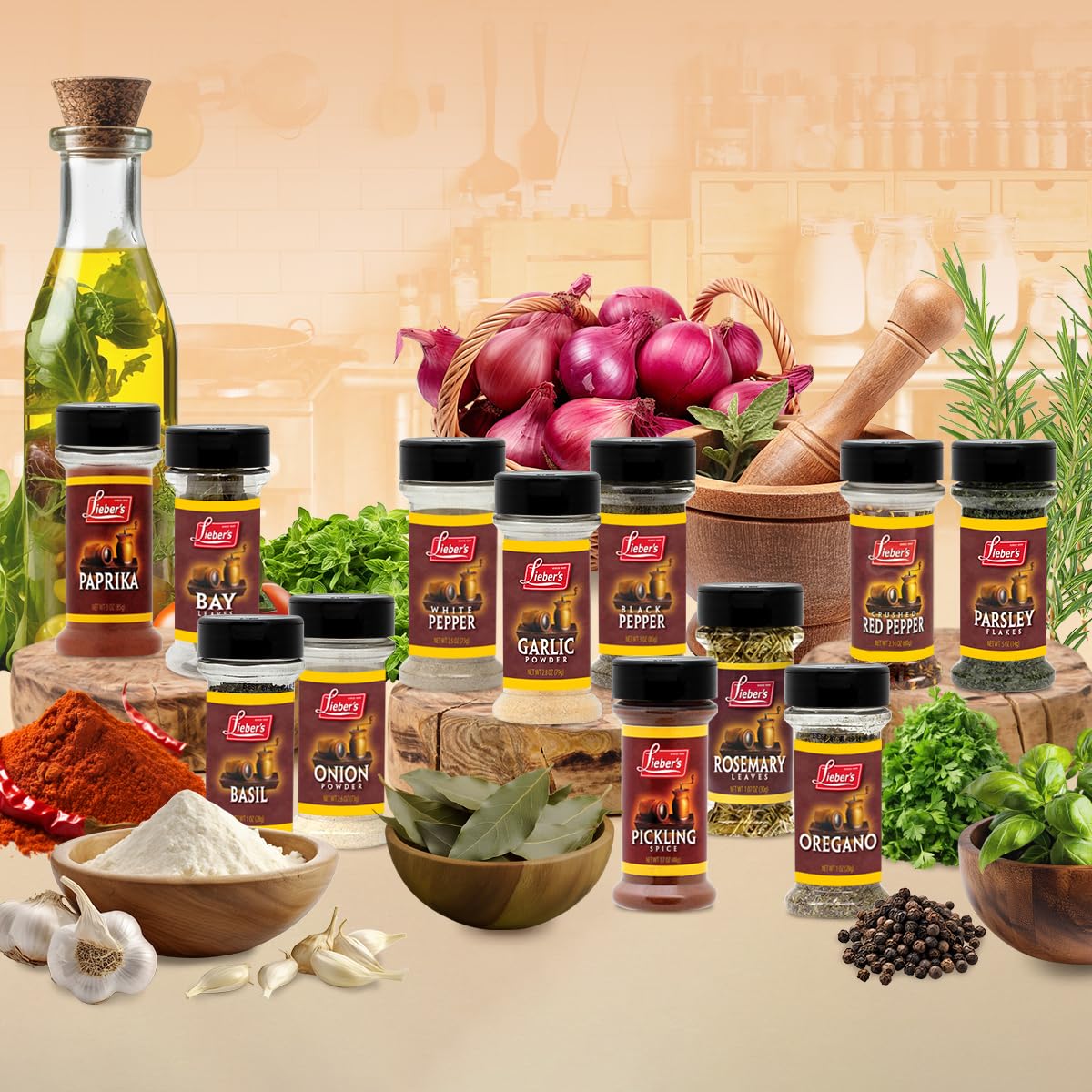 Lieber's Spice Set, Starter Seasoning & Herb 12 Piece Gift Set, Onion & Garlic Powder, Black, White, Crushed Red Pepper, Paprika, Oregano, Basil