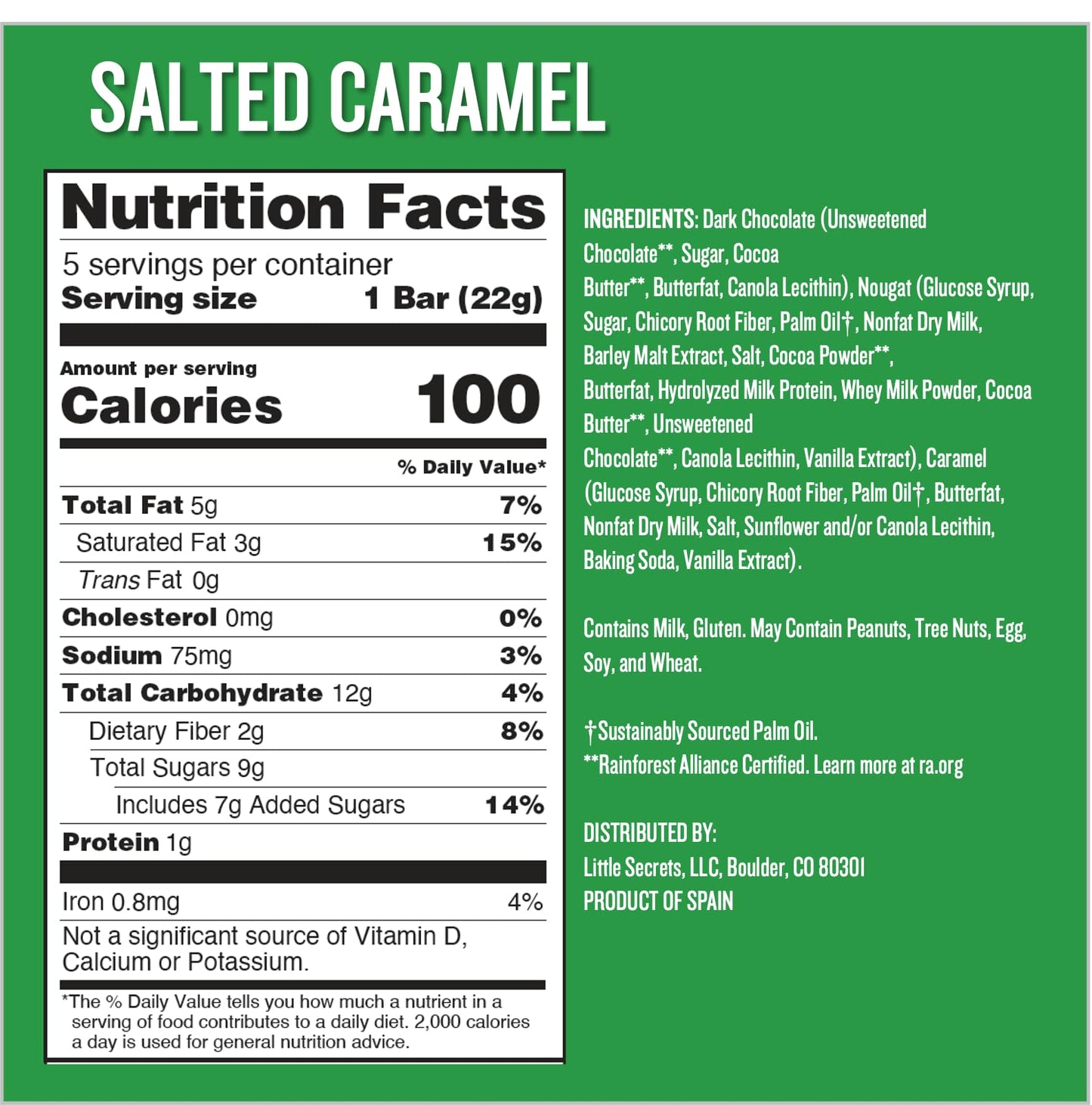 Little Secrets Dark Chocolate Caramel Nougat Bars | 5 Snack Bars | Made in Europe | Nothing Artificial & No Sugar Alcohols | Sustainable Cocoa | 3.9