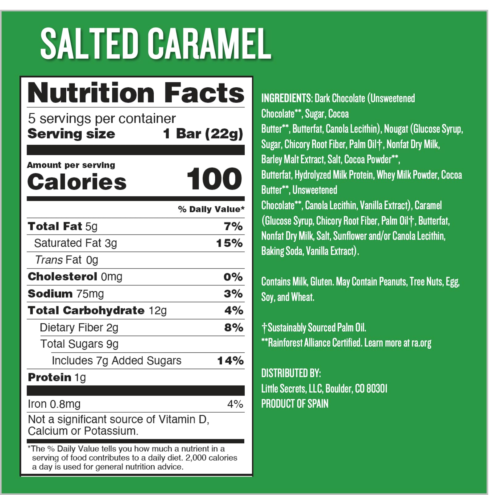 Little Secrets Dark Chocolate Caramel Nougat Bars | 5 Snack Bars | Made in Europe | Nothing Artificial & No Sugar Alcohols | Sustainable Cocoa | 3.9