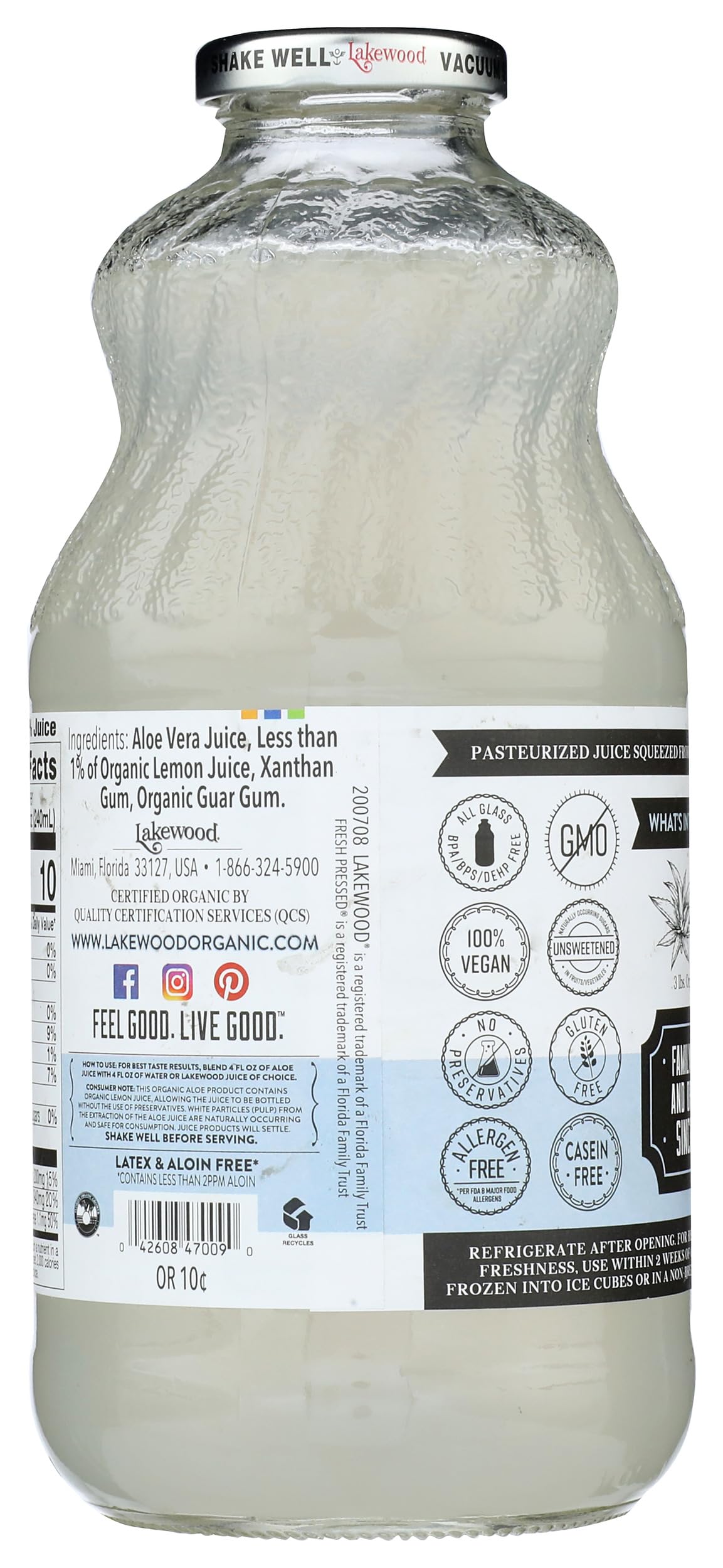 Lakewood, Organic Aloe Vera Gel Juice, 32 Oz