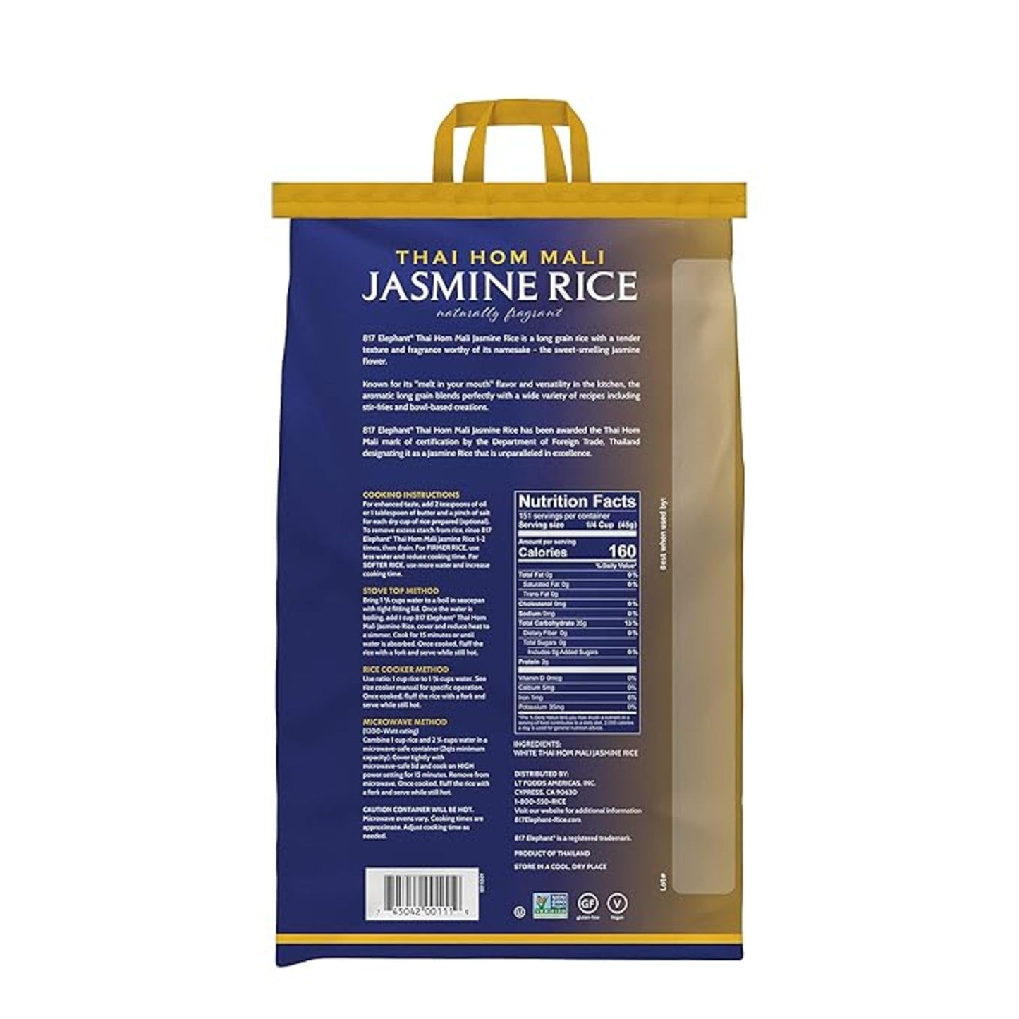 817 Elephant Thai Hom Mali Jasmine Rice - 15 lb Bag - Authentic White Rice - Great for Thai Recipes, Curries & Pilafs - Cook in Microwave or on Stove Top