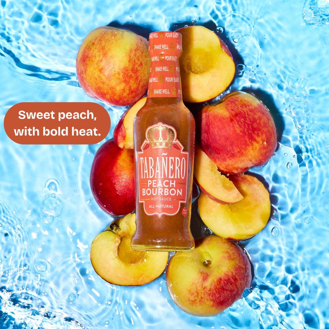 Tabañero Peach Bourbon Hot Sauce, Made in the USA, Small Glass Bottle, 5 oz