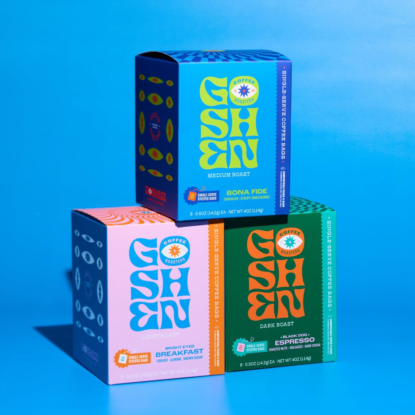 Goshen Coffee Roasters Single Serve Black Dog Espresso Blend | Dark Roast Roast | Roasted Nuts, Molasses, Dark Cocoa Flavors | 8 CT 4 Oz "Steeped"