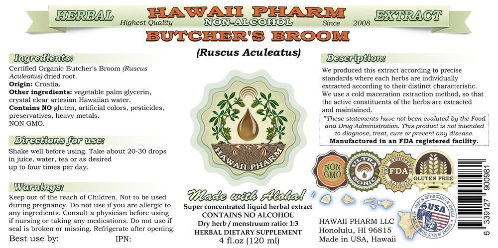 Hawaii Pharm Butcher's Broom Alcohol-Free Liquid Extract, Butcher's Broom (Ruscus aculeatus) Dried Root Glycerite Natural Herbal Supplement 2 oz