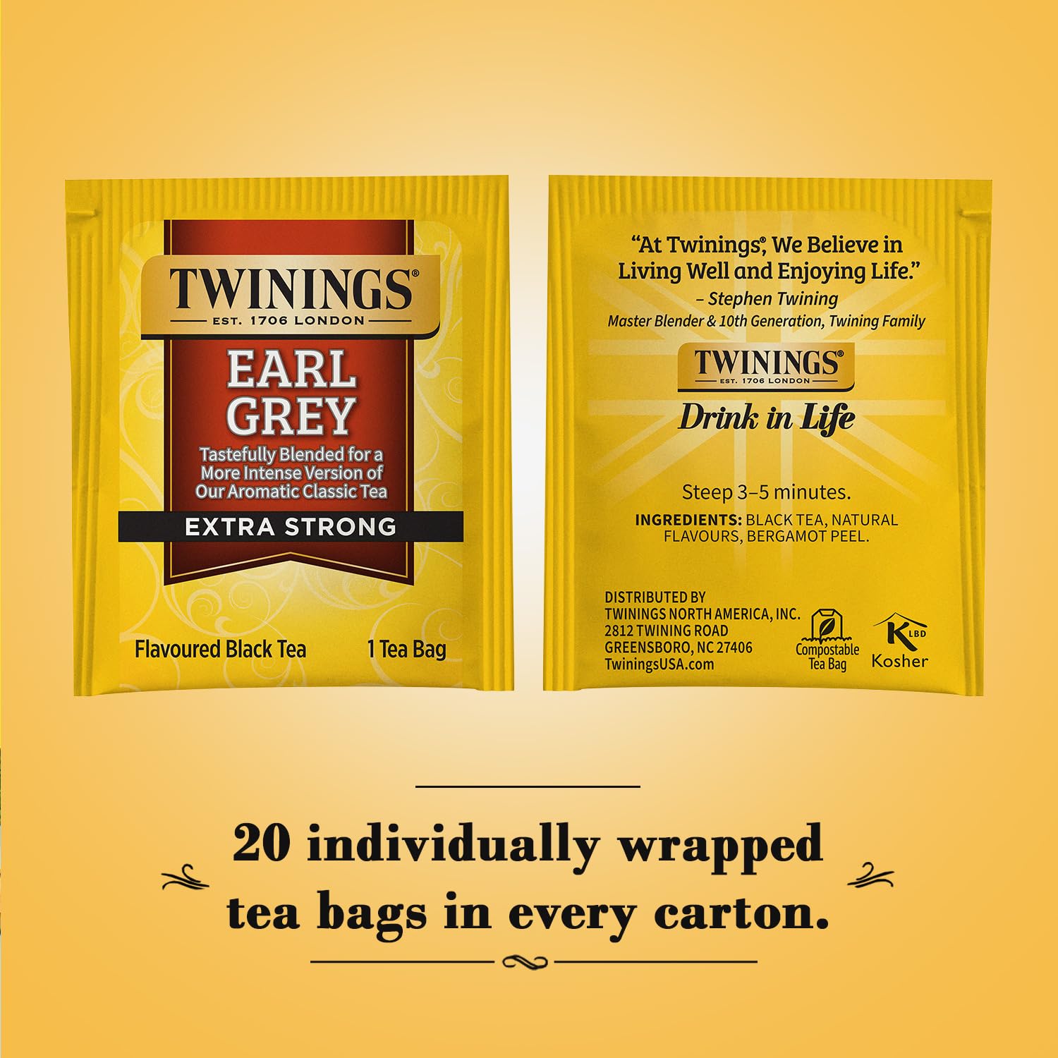 Twinings Earl Grey Tea Extra Strong 2-Pack - A Bright and Zesty Black Tea Infused with Citrus Bergamot Flavours, Caffeinated Tea Bags, Individually