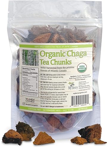 Organic Chaga Mushroom Tea Chunks by My Berry | 100% Canadian Wild-Harvested | Additive-Free Caffeine-Free Herbal Tea | 6oz