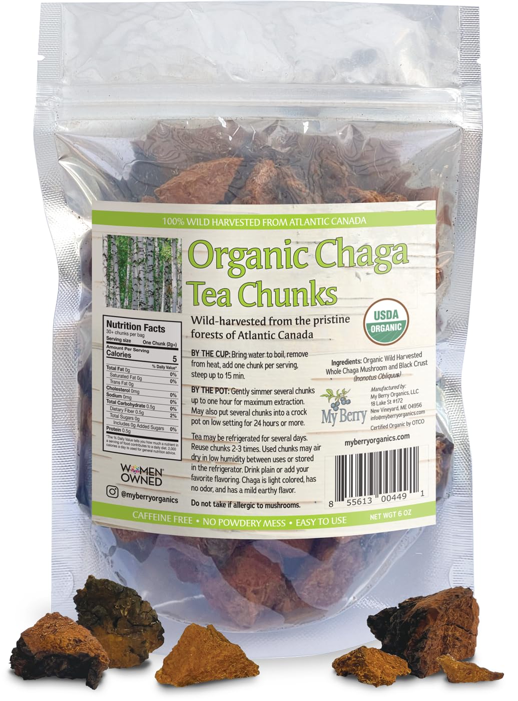 Organic Chaga Mushroom Tea Chunks by My Berry | 100% Canadian Wild-Harvested | Additive-Free Caffeine-Free Herbal Tea | 6oz