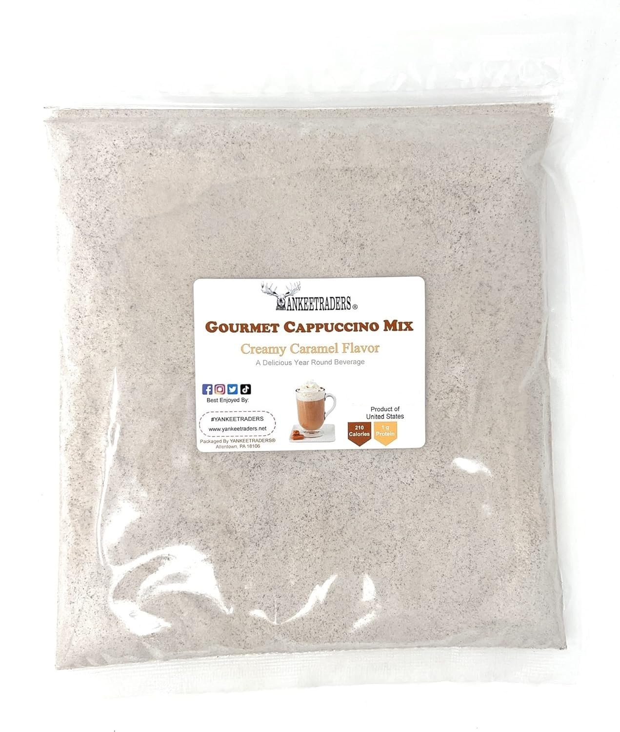 YANKEETRADERS Gourmet Cappuccino Mix, Creamy Caramel Flavor, Instant Powder, Hot or Iced, 5 Lb Bulk