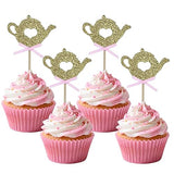 24 PCS Golden Glitter Teapot Cake Cupcake Toppers Picks for Tea Party Baby Shower Wedding Birthday Decorations
