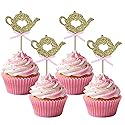 24 PCS Golden Glitter Teapot Cake Cupcake Toppers Picks for Tea Party Baby Shower Wedding Birthday Decorations