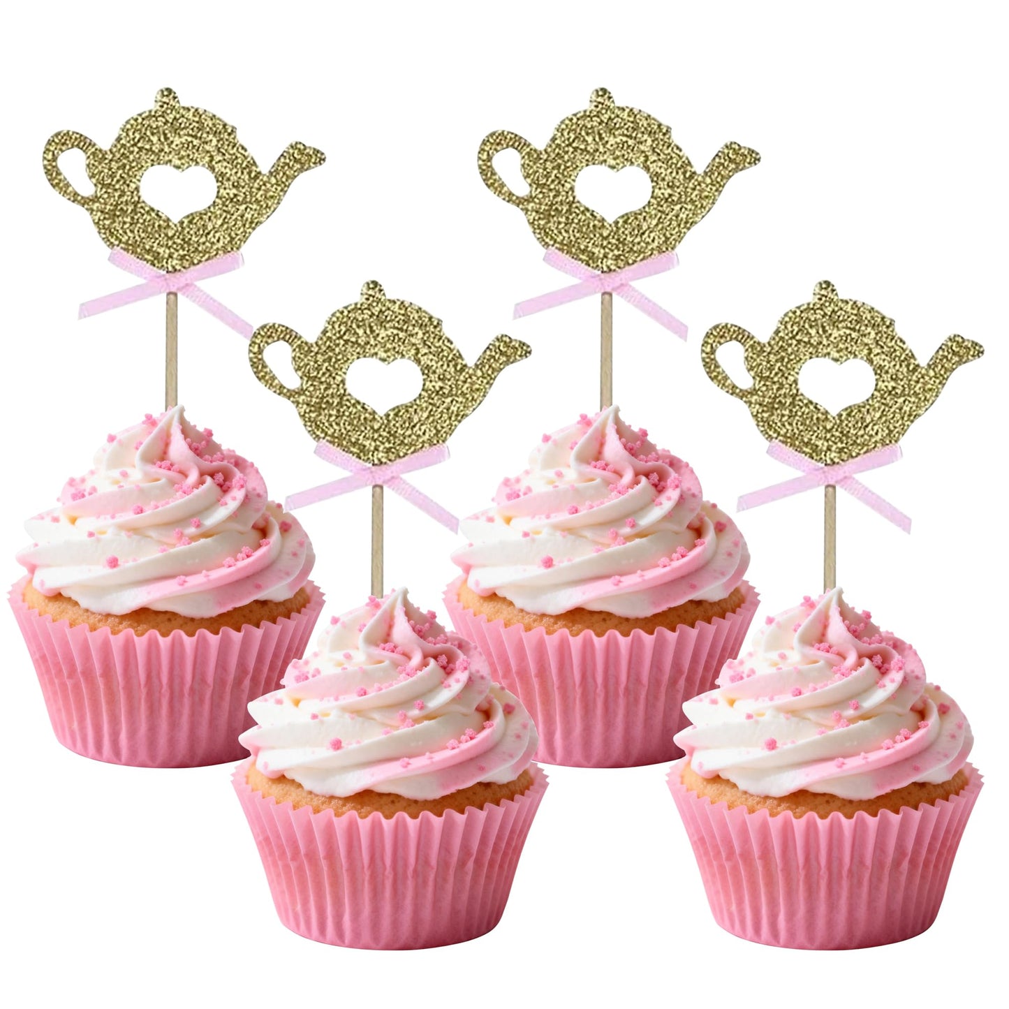 24 PCS Golden Glitter Teapot Cake Cupcake Toppers Picks for Tea Party Baby Shower Wedding Birthday Decorations